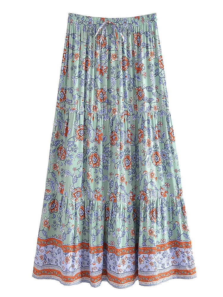 Vintage Chic Hippie Tassel Elastic Waist Boho Skirt Floral Printed Rayon