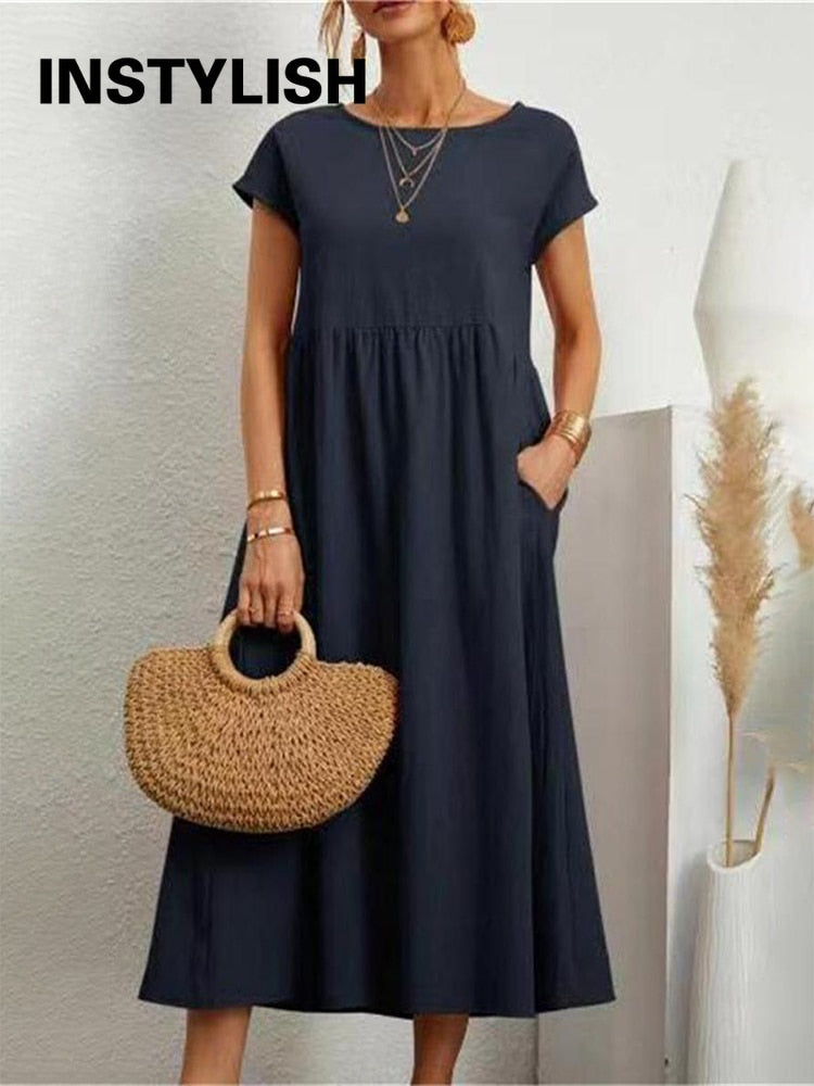 Vintage Solid Midi Dress Casual Short Sleeve Oversized