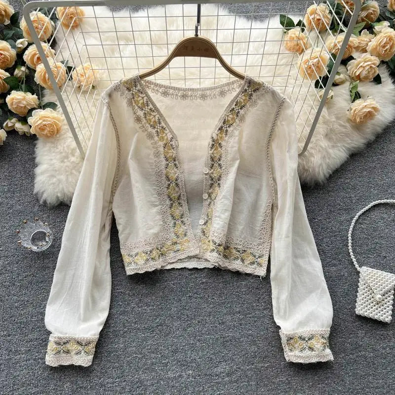 Bohemian Cotton White Lace Blouse Floral Embroidery Top