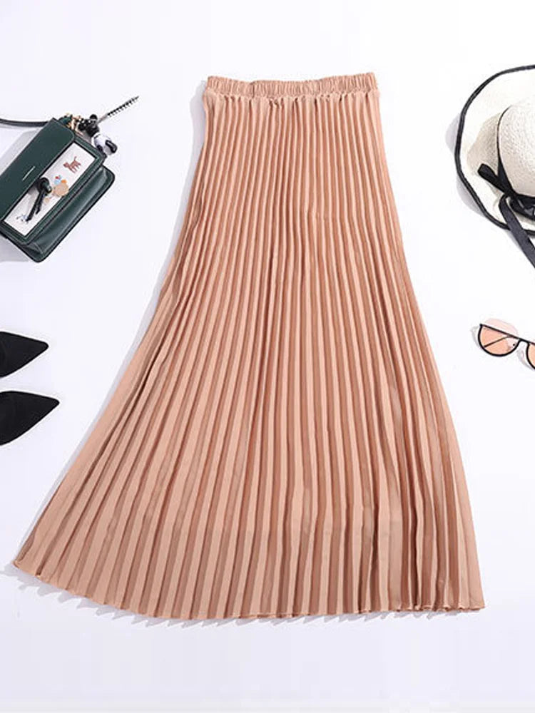 Womens Chic Pleated Swing Long Skirt Elastic High Waist