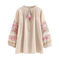 Vintage Chic Bohemian Tassel Floral Embroidery Linen Boho Shirts