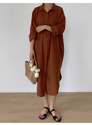 Chic Vintage Solid Color Loose Long Shirts Office Lady Dresses
