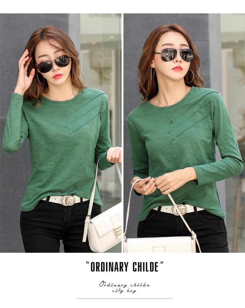 Button Loose Casual Fashion T-shirts Long Sleeve O-Neck