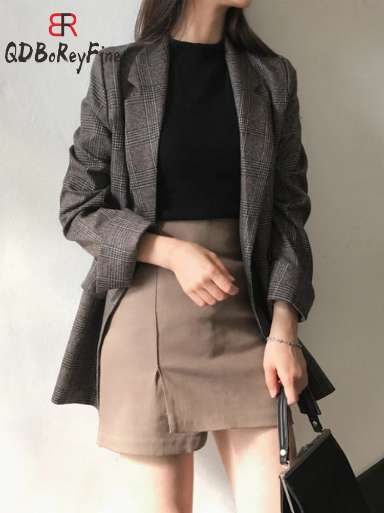 Plaid Women Oversized Coats Fashion Office Elegant and Chic Blazers