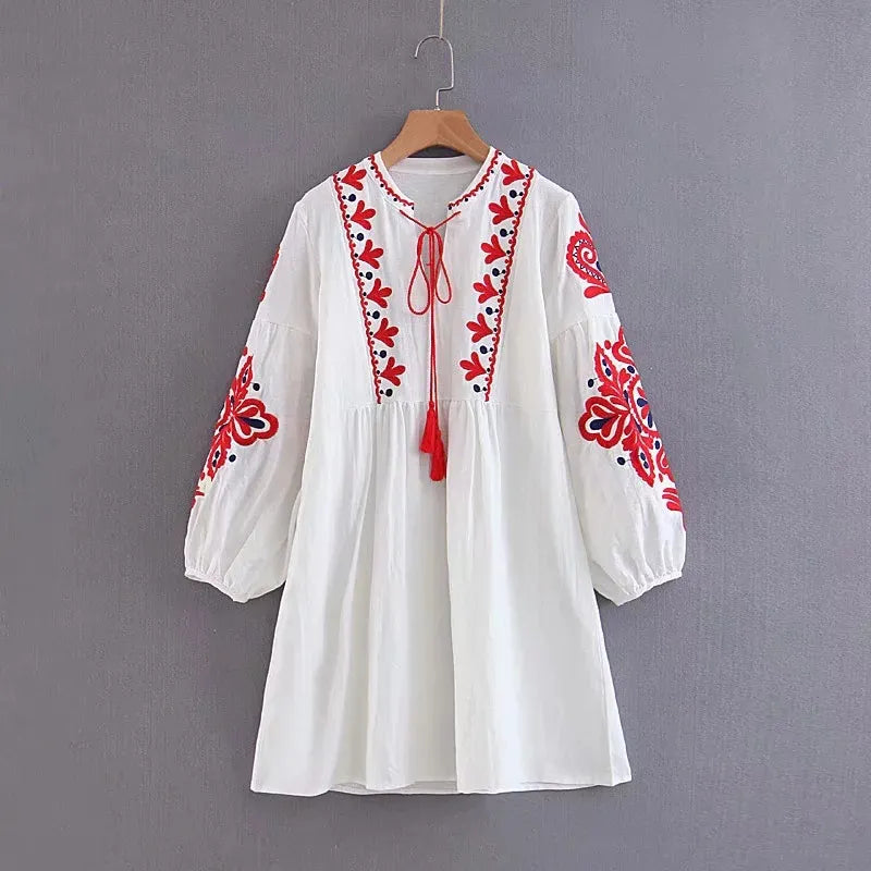 Bow Tie Ethnic Lantern Sleeve Embroidered Floral Cute Dresses