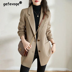 Women Fashion Lace Up Elegant Woolen Thick Blazers Jacket Office