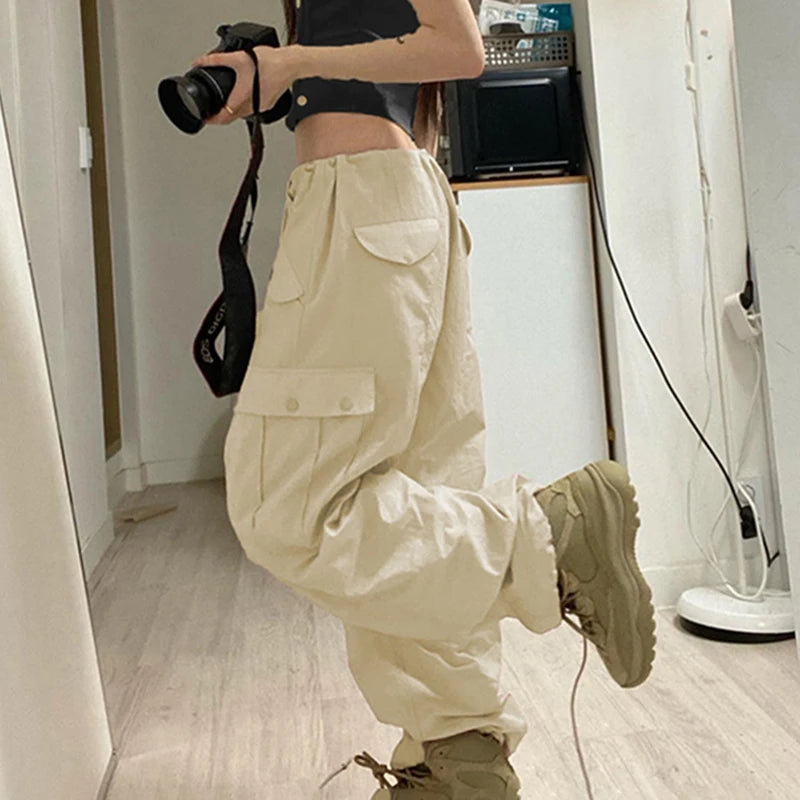 Y2K Shirring Cute Cargo Pants Pockets Baggy Sweatpants