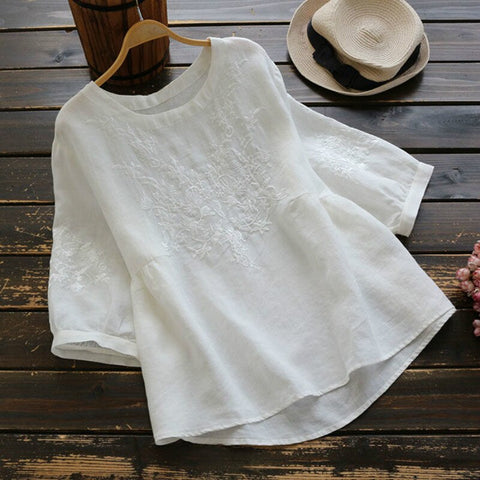 Simple Embroidery Blouse   Short Sleeve Solid Color O Neck