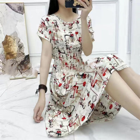 Elegant O-Neck Printed Spliced Loose Shirring Midi Dress