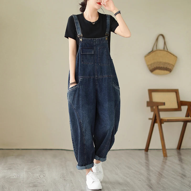 Fashion Multi Pocket Cargo Suspender Vintage Patchwork Denim Overalls