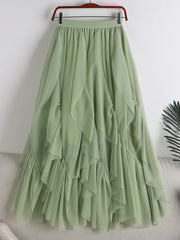 Ruffles Tulle Long Solid Irregular Hem High Waist Maxi Skirt