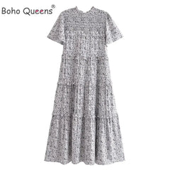 Floral Print  Ruffles Beach Bohemian Midi Dress Ladies Rayon Style