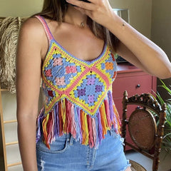 Vintage Crocheted Knitted Tassel Cami Casual Tank Tops