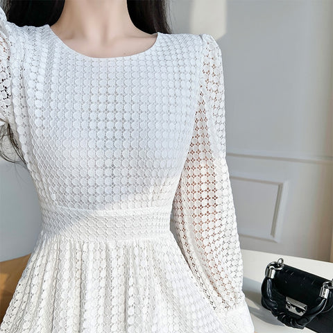 Lace Midi White Dress Long Sleeve Vintage A-Line Fashion
