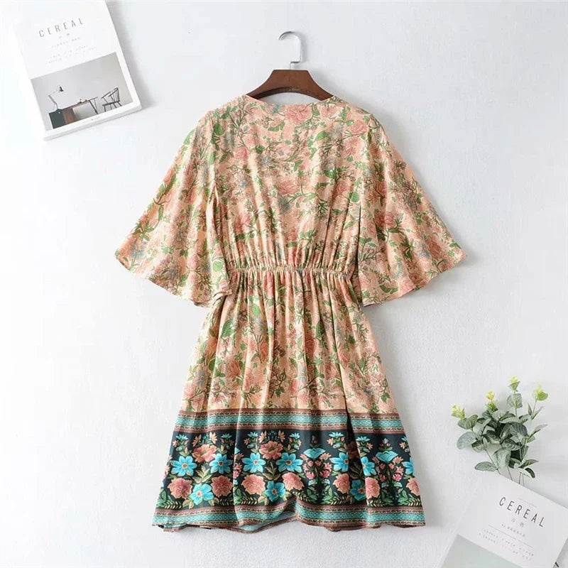 Women Floral Print Bow Neck Bohemian Mini Dress