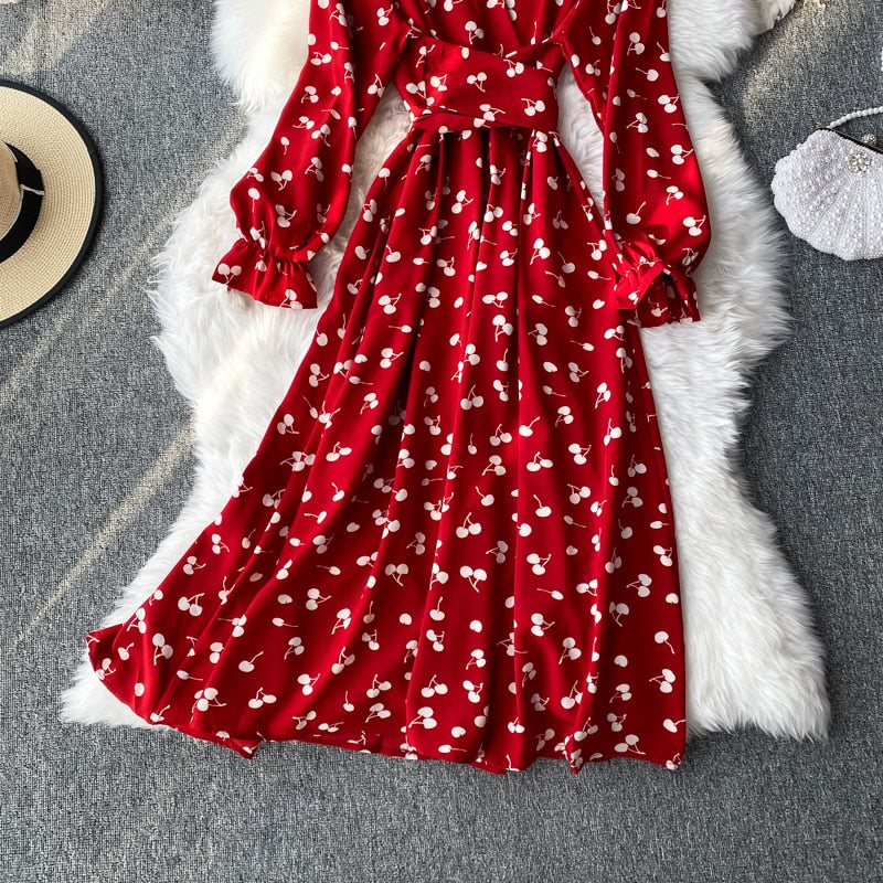 Fashion Cherry Print Women Dress Vintage Slim Waist