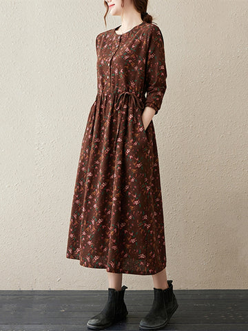 Long Sleeve Cotton Linen Vintage Floral Print Dresses