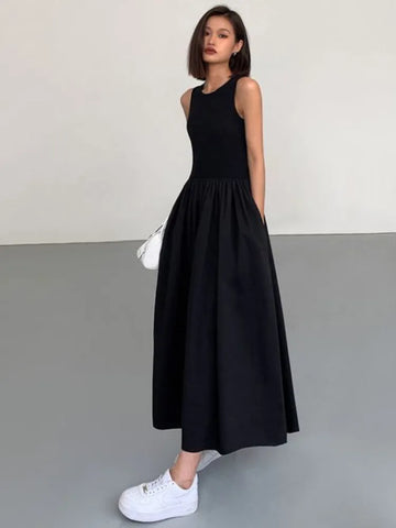 Sleeveless Slim O-neck Solid Ankle-length Style Vintage Dress