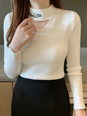 Hollow Out Mock Neck Women Pullover Knitted Sweaters