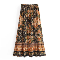 Floral Print Bohemian Pleated Ladies Waist A-Line Rayon Maxi Skirts