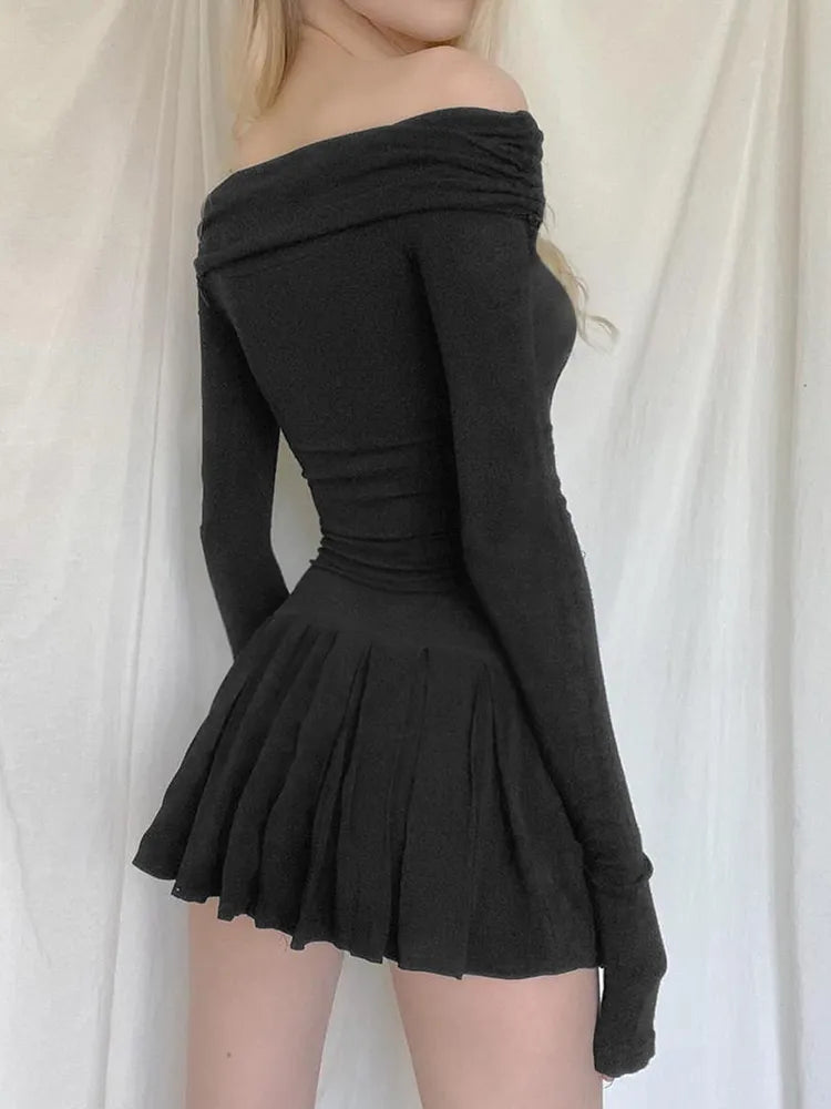 Casual Pleated A-line Dress Solid Black Slash Long Sleeve All-match