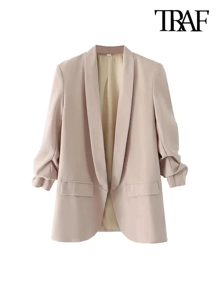 Fashion Office Wear Open Blazer Coat Vintage Long Pleated