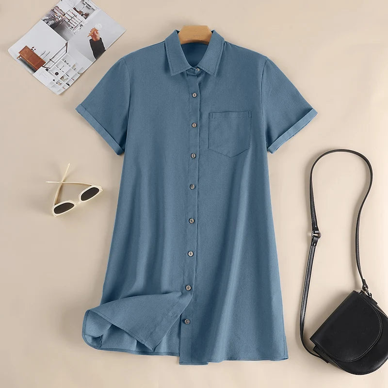 Fashion Denim Shirt Lapel Neck Short Sleeve Sundress