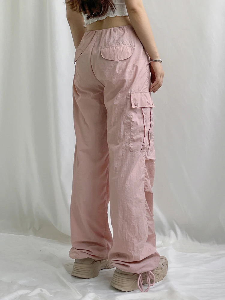 Y2K Shirring Cute Cargo Pants Pockets Baggy Sweatpants