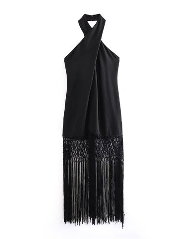Women Fashion With Tassel Black Backless Midi Dress Vintage