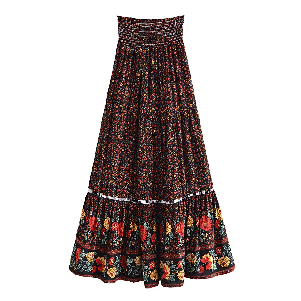 Floral Print Beach Bohemian High Elastic Waist Rayon Boho Maxi Skirts