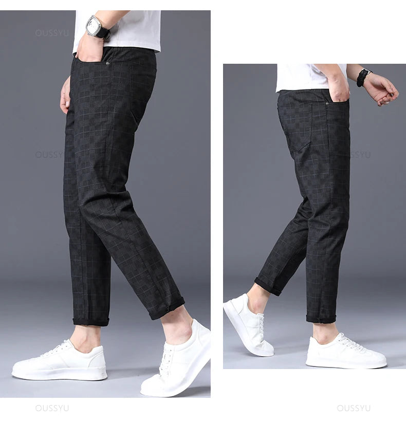 Clothing Plaid Ankle Length Pants Men Retro Business