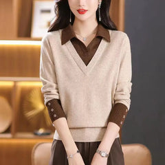 Women's Contrast Button Loose Simple Patchwork Long Sleeve Knit Top