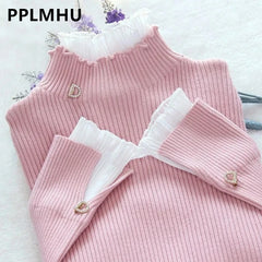 Patchwork Turtleneck Knitted Pink Tops Chic Ruffle Pullover