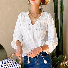 Floral Embroidery White Lace Blouse shirt For Vintage