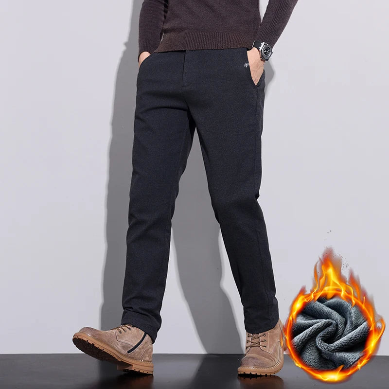 Casual Pants Thickened Warm Slim Straight Elastic Waist Black Business