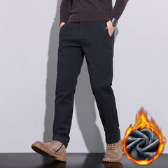 Casual Pants Thickened Warm Slim Straight Elastic Waist Black Business