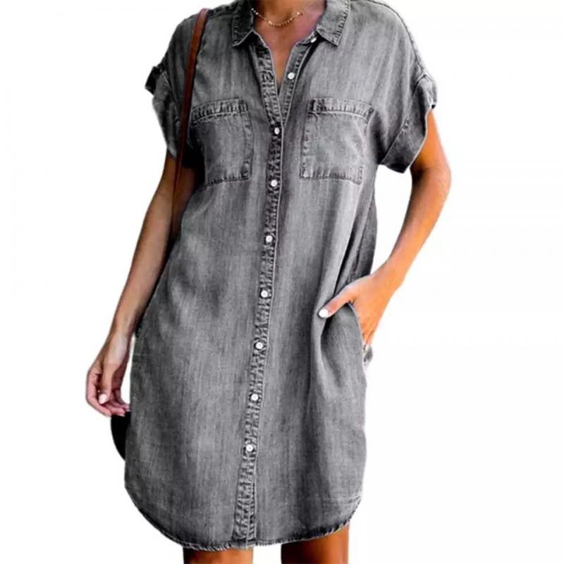 Short Sleeves Loose A-Word s V-neck Solid Denim Shirt Dress