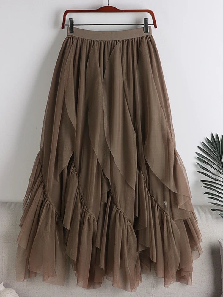 Ruffles Tulle Long Solid Irregular Hem High Waist Maxi Skirt