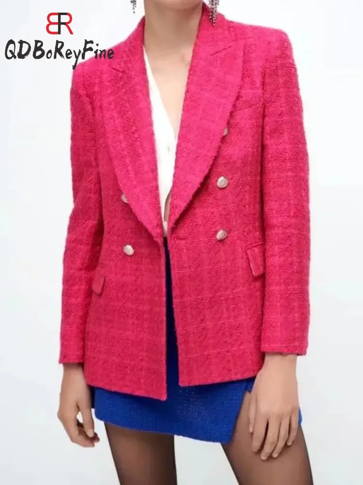 Women Woolen Blazers Elegant Office Long Sleeve Double Breasted Casual Coats