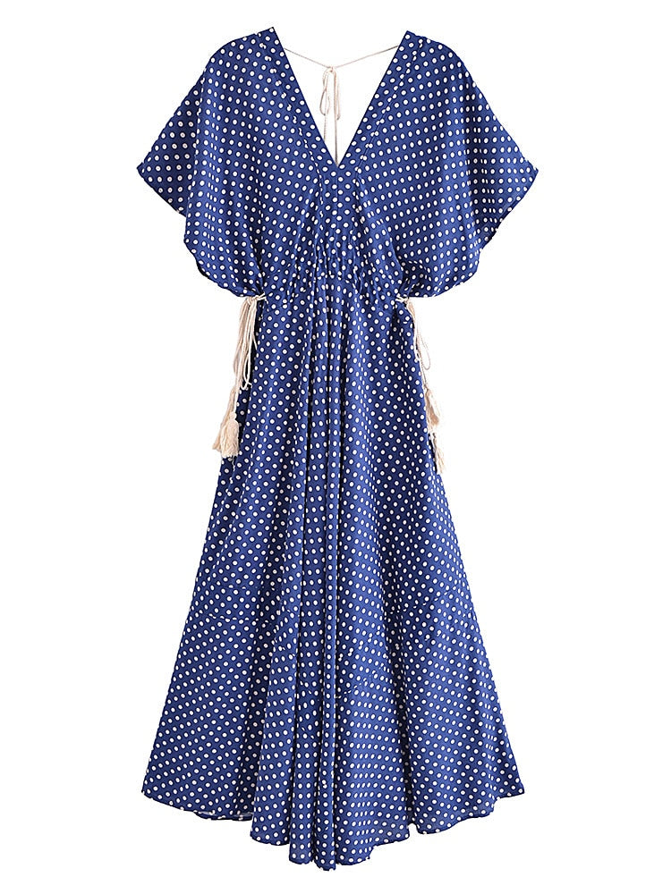 Vintage Fashion V-neck Tassel Polka Dot Print Bohemian Maxi Dress