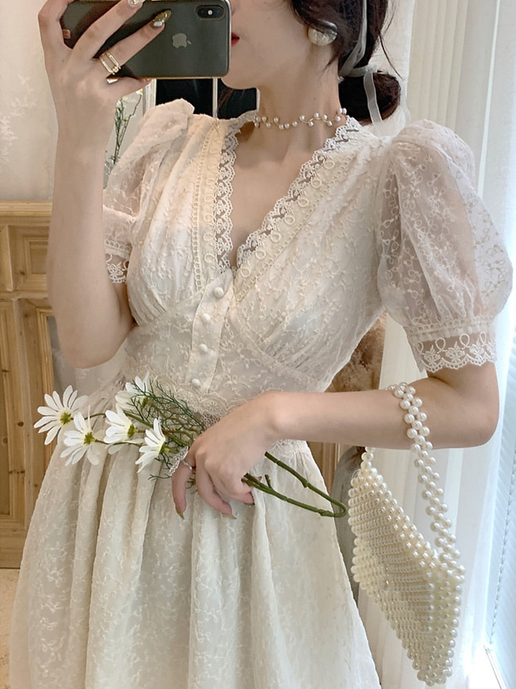 Elegant Lace Fairy Embroidery Mesh Sweet Long Dress