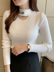 Hollow Out Mock Neck Women Pullover Knitted Sweaters