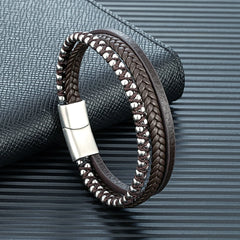 Design Punk Leather Bracelet Men Fashion Beaded Multi-Layer