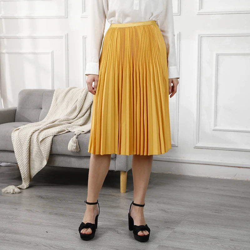 Women's Elegant Solid Color Pleated High Waist A-Line Midi Skirts