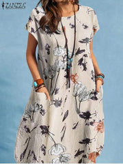 Vintage Beach Sundress Short Sleeve Floral Printed Dress