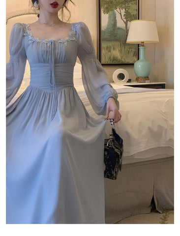 Elegant Midi Dress Vintage Corset Long Lantern Sleeve
