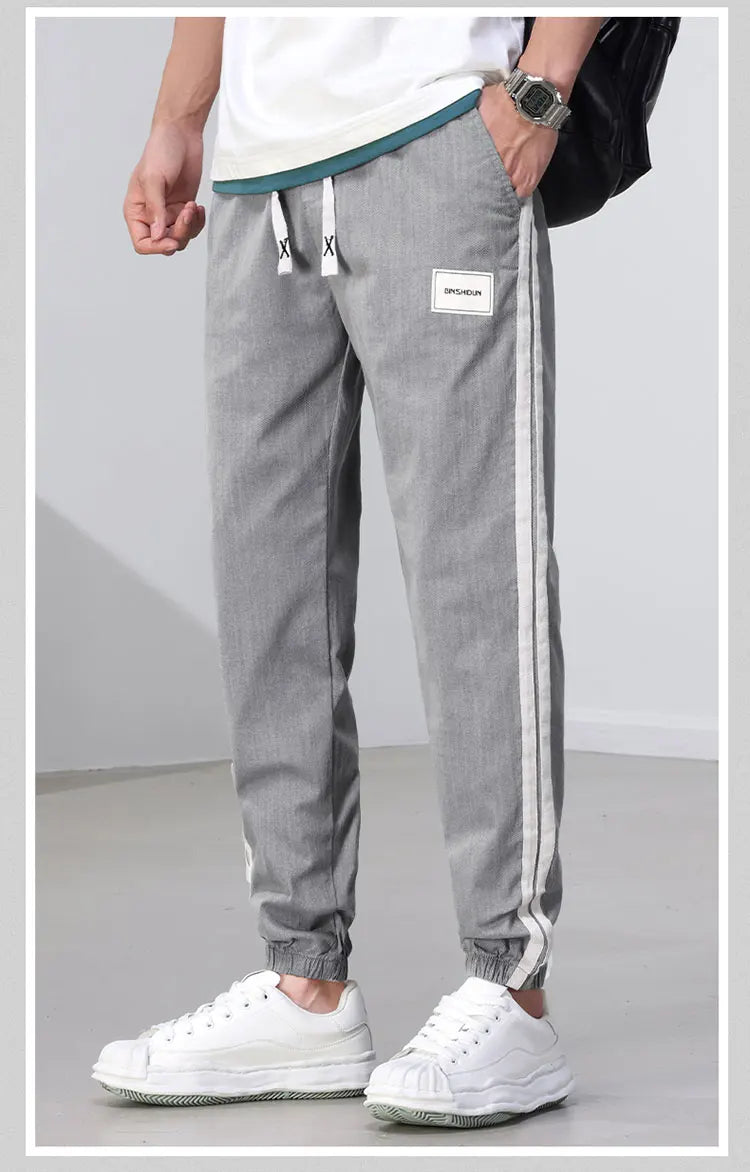 Side Pipeline Pants Elastic Waist Drawstring Men's Trousers