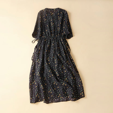 Vintage Floral Print Dress V-Neck Short Sleeve High Waist