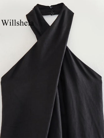 Women Fashion With Tassel Black Backless Midi Dress Vintage