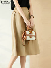 High Waist Pleated A-line Elegant Casual Solid Color Midi Skirts